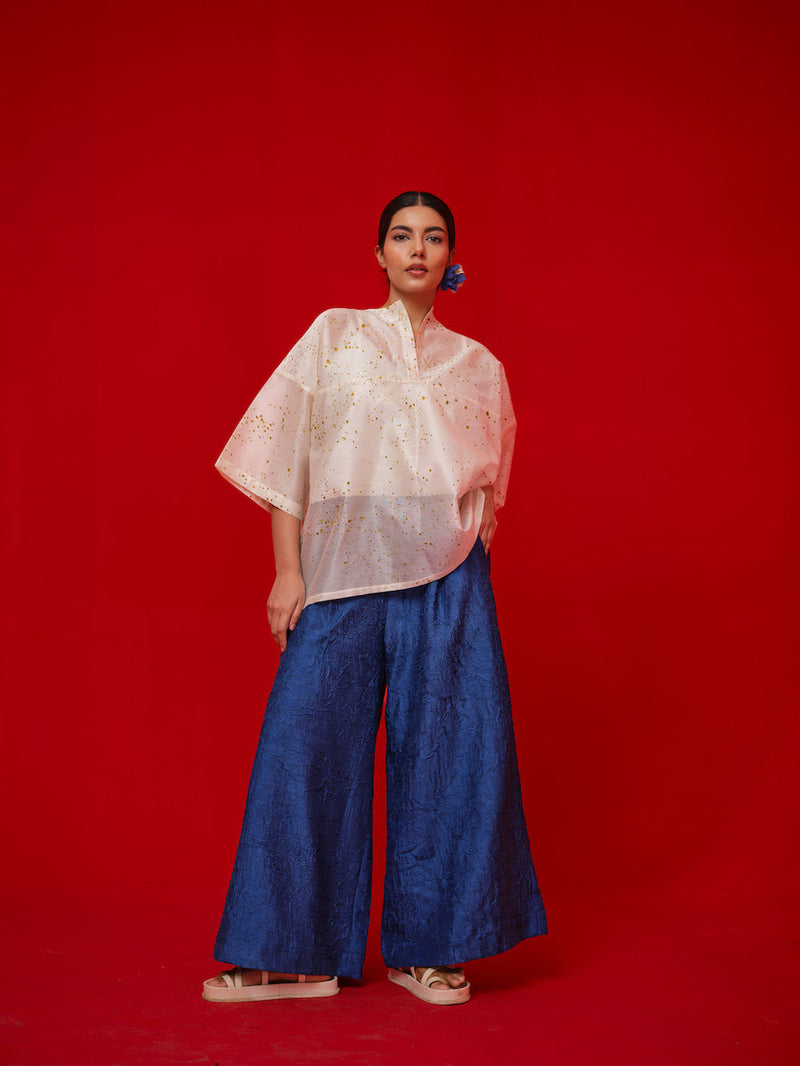 Wander Top-Ivory + Mustard silk chanderi top/shirt by Stoique in ivory, mustard for women Worldwide