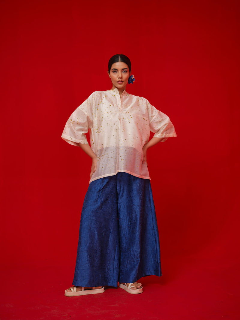 Wander Top-Ivory + Mustard silk chanderi top/shirt by Stoique in ivory, mustard for women Worldwide