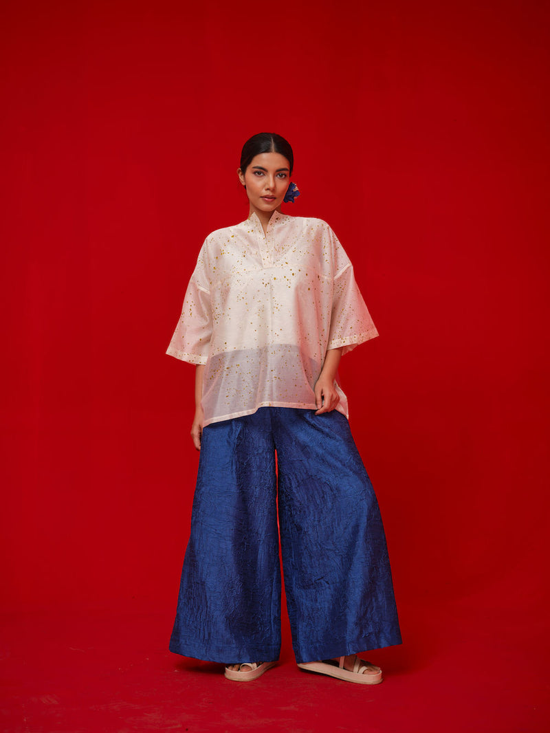 Wander Top-Ivory + Mustard silk chanderi top/shirt by Stoique in ivory, mustard for women Worldwide