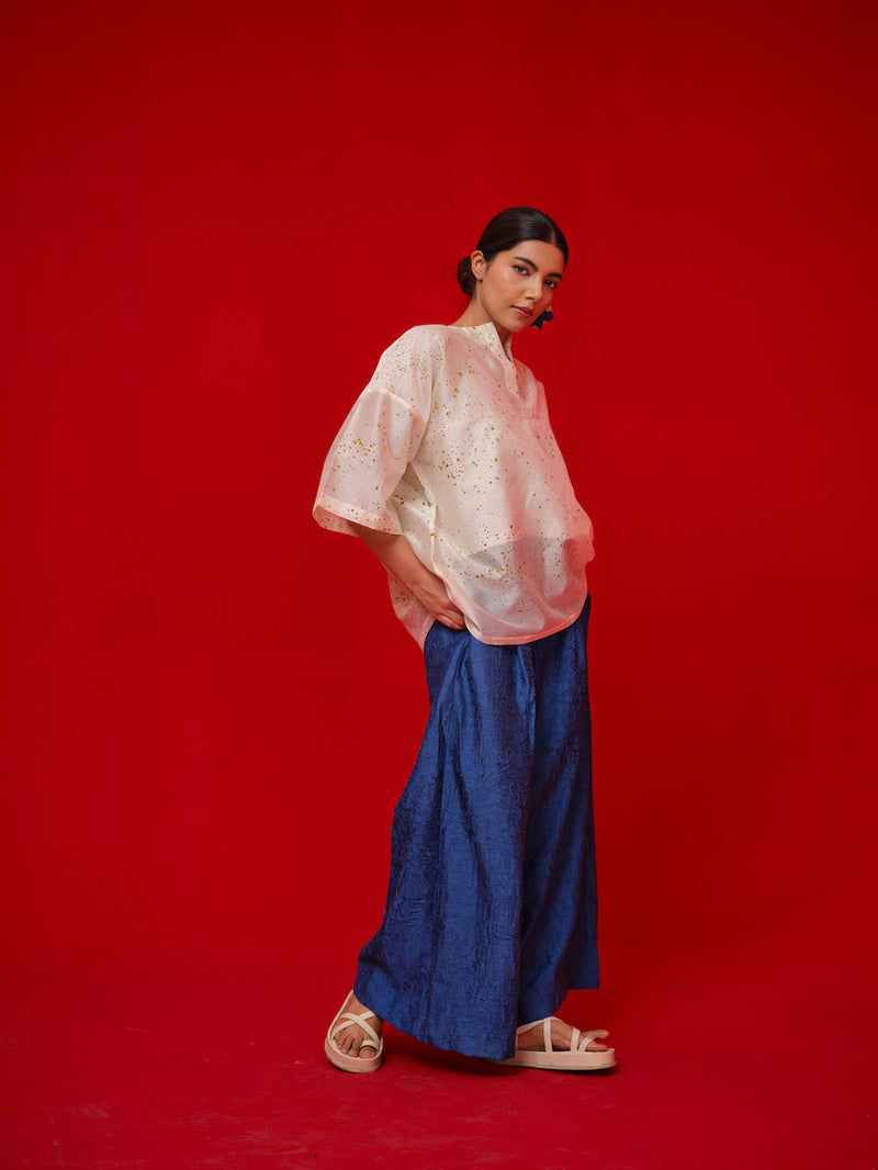 Wander Top-Ivory + Mustard silk chanderi top/shirt by Stoique in ivory, mustard for women Worldwide
