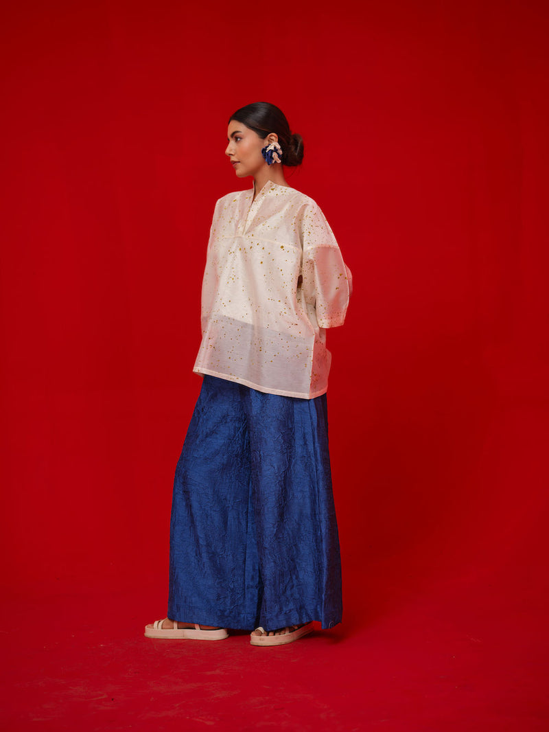 Wander Top-Ivory + Mustard silk chanderi top/shirt by Stoique in ivory, mustard for women Worldwide