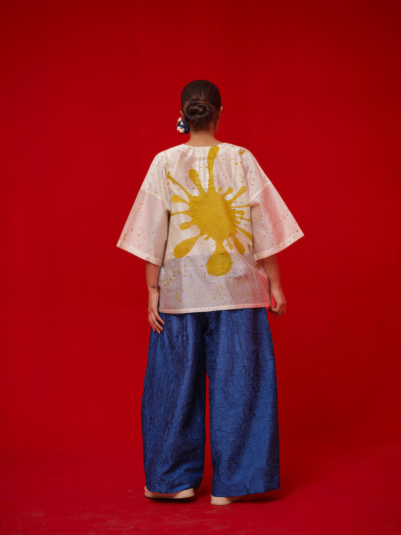Wander Top-Ivory + Mustard silk chanderi top/shirt by Stoique in ivory, mustard for women Worldwide