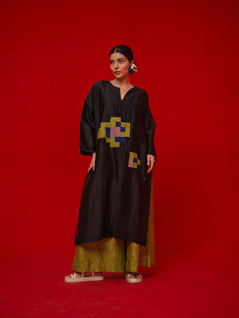 Trace Tunic-Black + Blue + Green + Mauve silk chanderi tunics/kaftan by Stoique in black, blue, green, mauve for women Worldwide