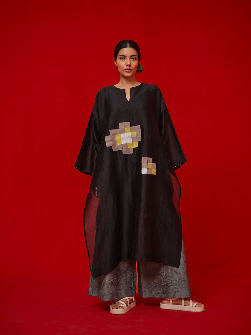 Trace Tunic-Black + Grey silk chanderi tunics/kaftan by Stoique in black, grey for women Worldwide