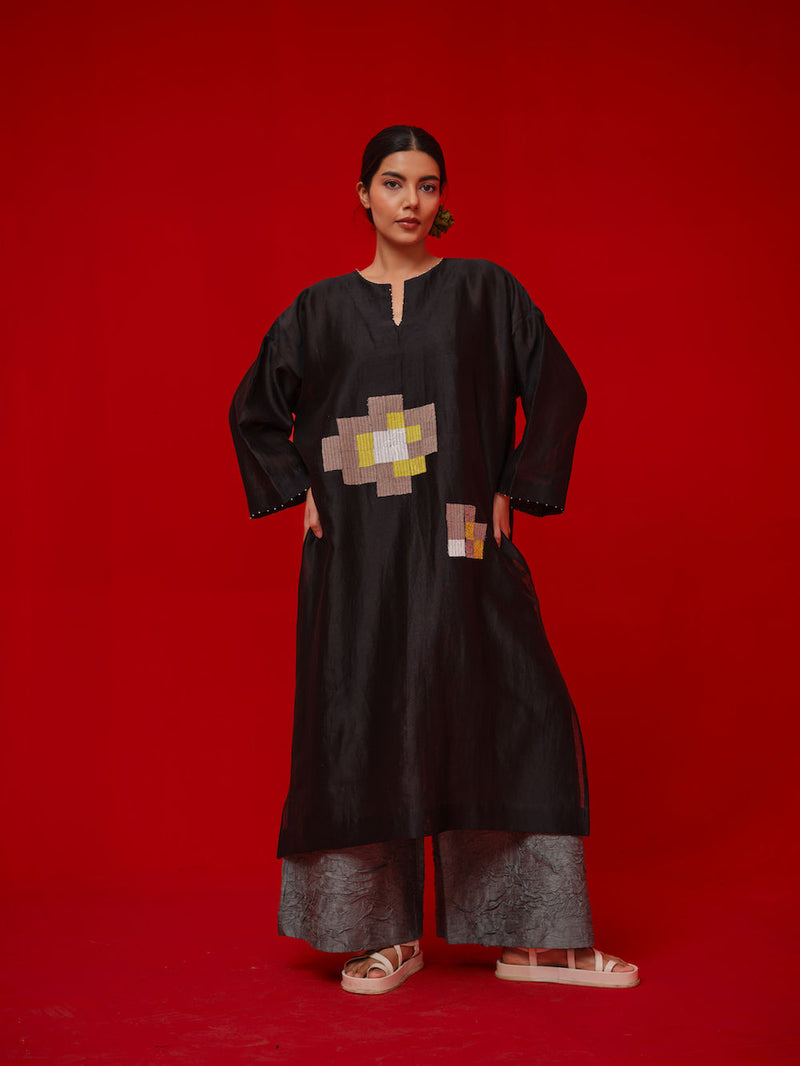 Trace Tunic-Black + Grey silk chanderi tunics/kaftan by Stoique in black, grey for women Worldwide