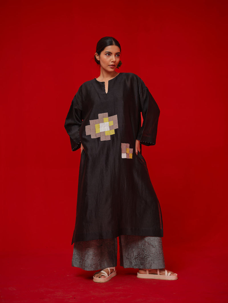 Trace Tunic-Black + Grey silk chanderi tunics/kaftan by Stoique in black, grey for women Worldwide