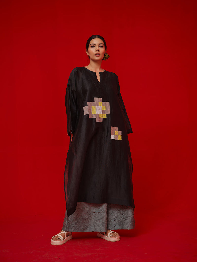 Trace Tunic-Black + Grey silk chanderi tunics/kaftan by Stoique in black, grey for women Worldwide