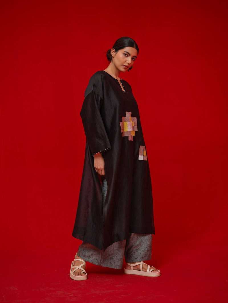 Trace Tunic-Black + Grey silk chanderi tunics/kaftan by Stoique in black, grey for women Worldwide