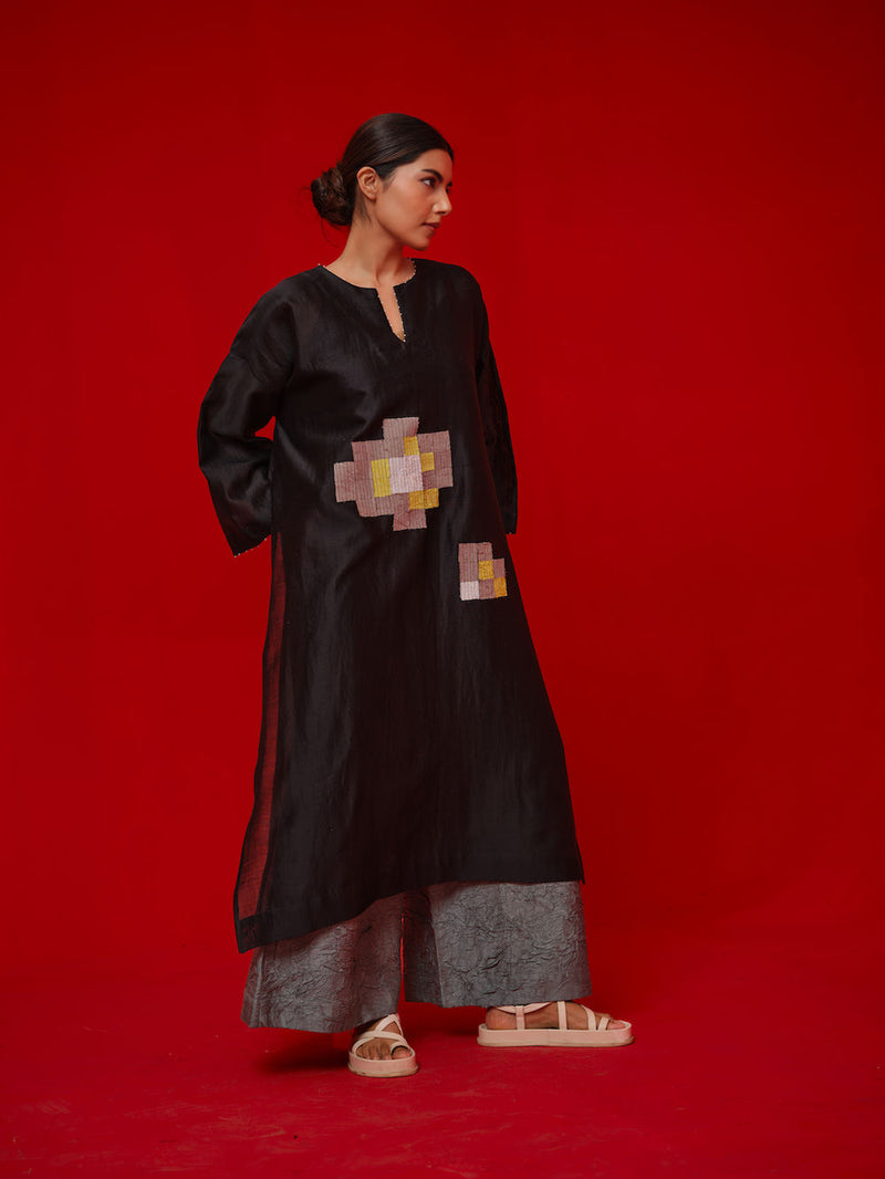 Trace Tunic-Black + Grey silk chanderi tunics/kaftan by Stoique in black, grey for women Worldwide