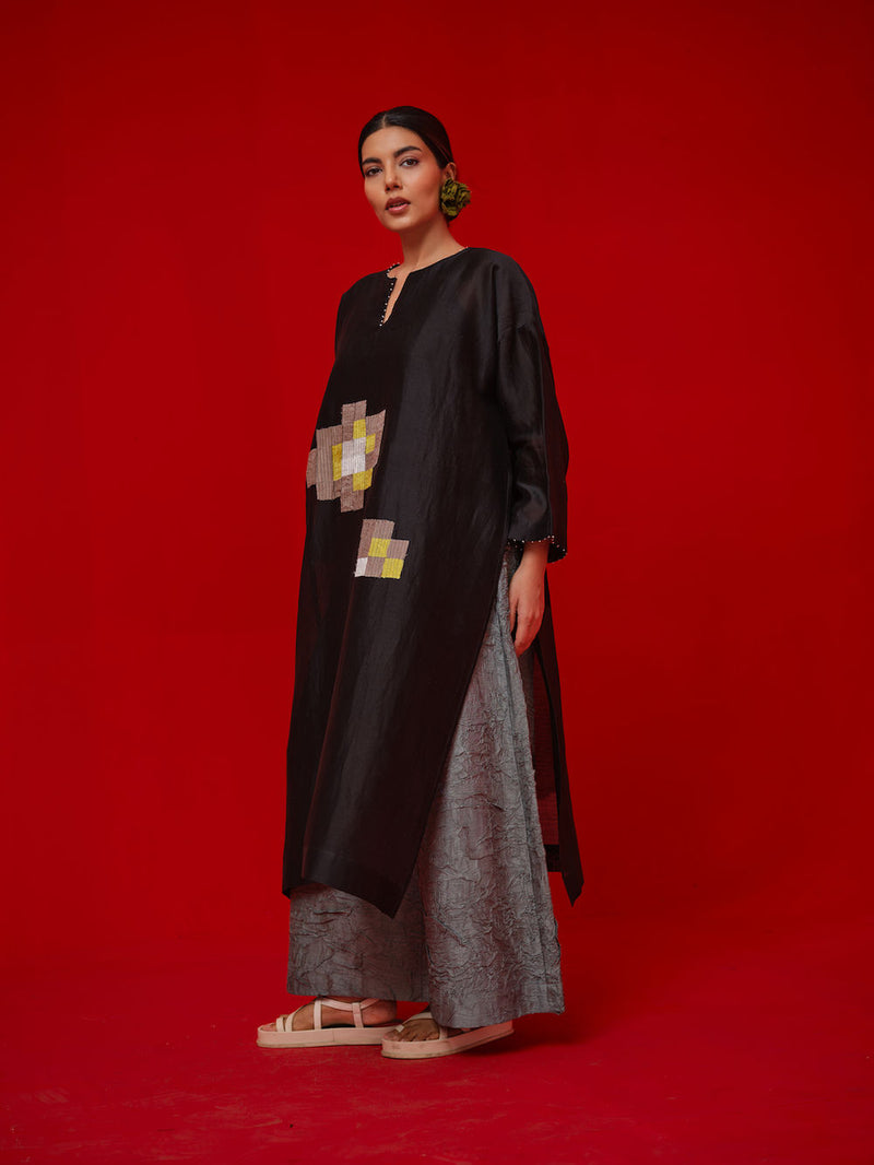 Trace Tunic-Black + Grey silk chanderi tunics/kaftan by Stoique in black, grey for women Worldwide