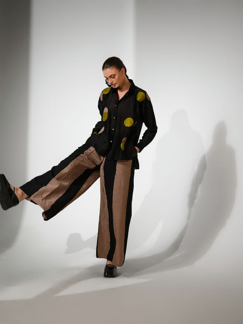 Halo Shirt-Black + Lime+ Grey silk chanderi top/shirt by Stoique in black, lime+ grey for women Worldwide
