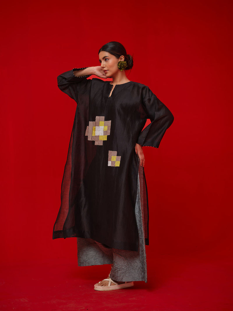 Trace Tunic-Black + Grey silk chanderi tunics/kaftan by Stoique in black, grey for women Worldwide