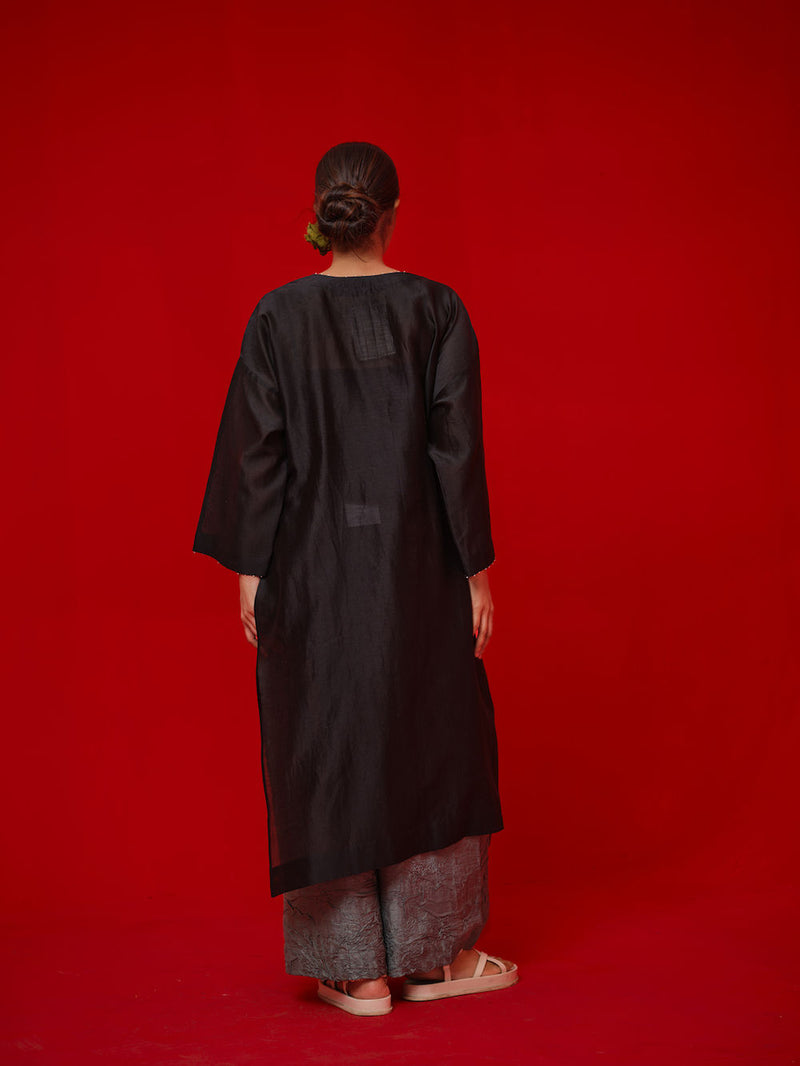 Trace Tunic-Black + Grey silk chanderi tunics/kaftan by Stoique in black, grey for women Worldwide