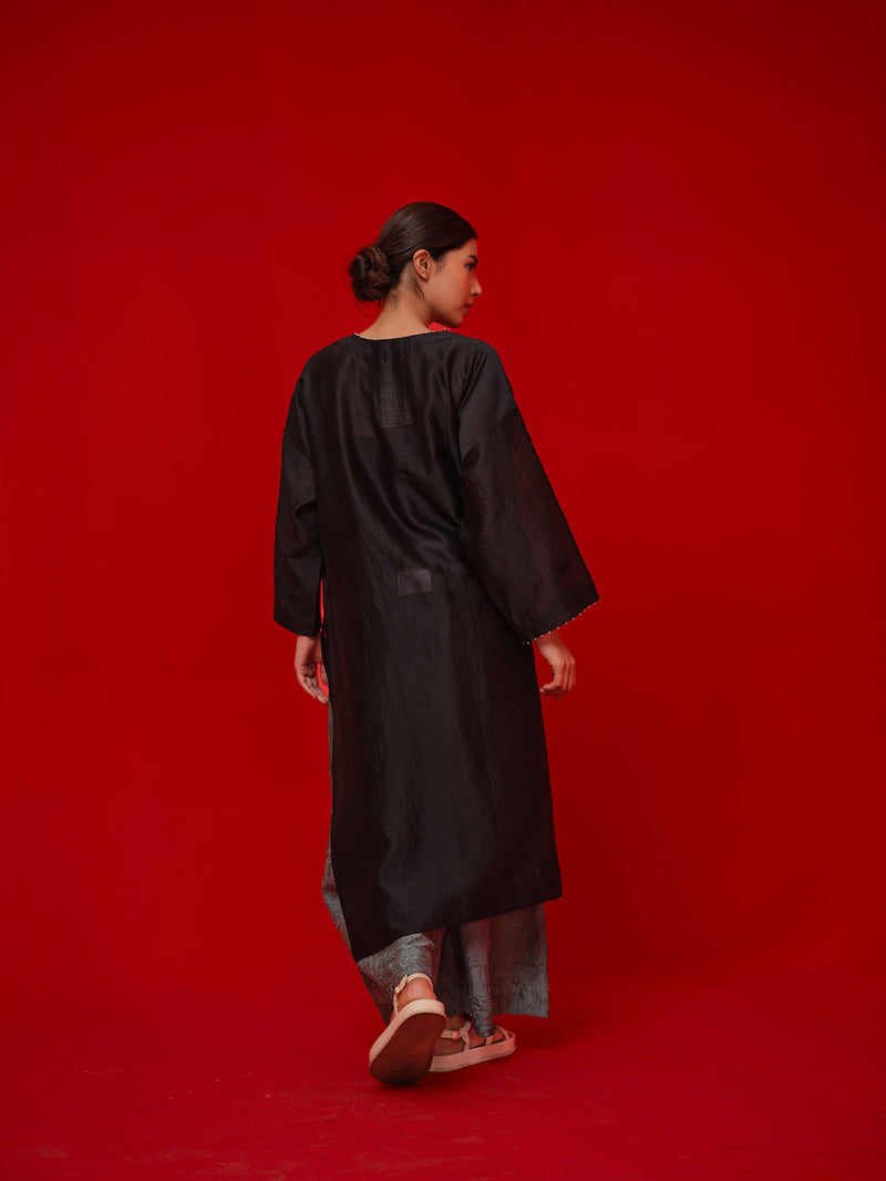 Trace Tunic-Black + Grey silk chanderi tunics/kaftan by Stoique in black, grey for women Worldwide