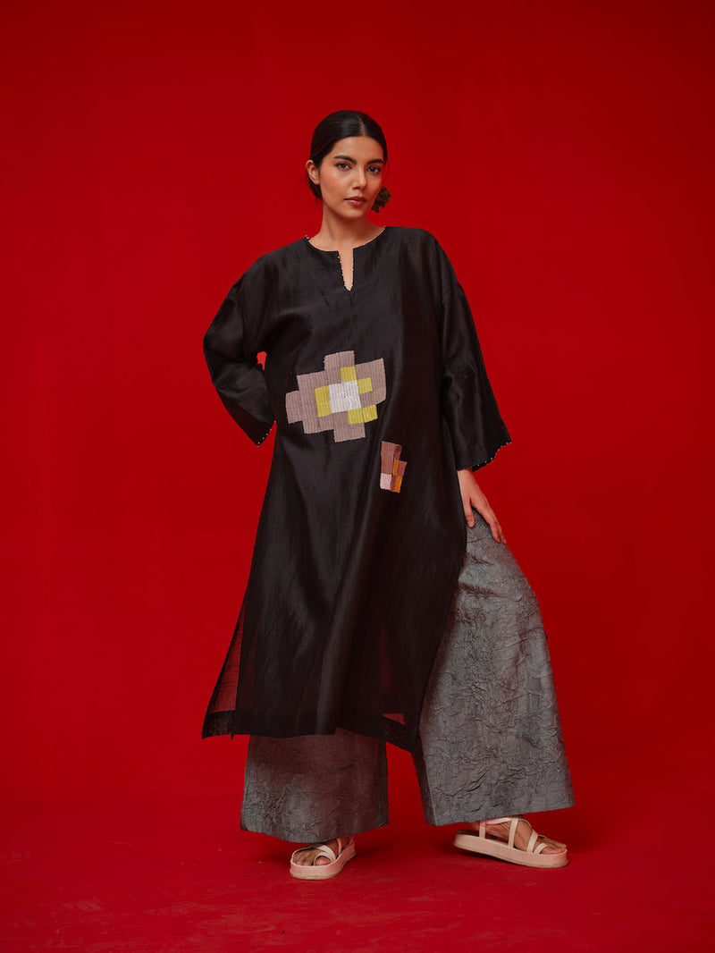 Trace Tunic-Black + Grey silk chanderi tunics/kaftan by Stoique in black, grey for women Worldwide