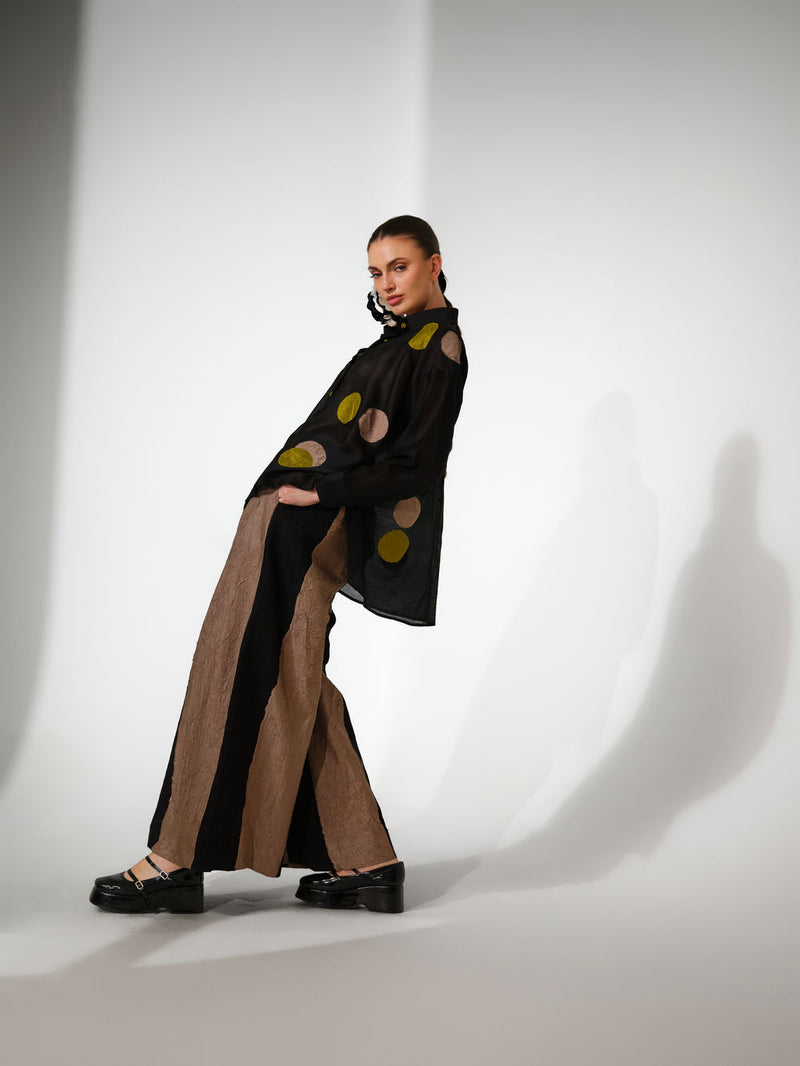 Halo Shirt-Black + Lime+ Grey silk chanderi top/shirt by Stoique in black, lime+ grey for women Worldwide