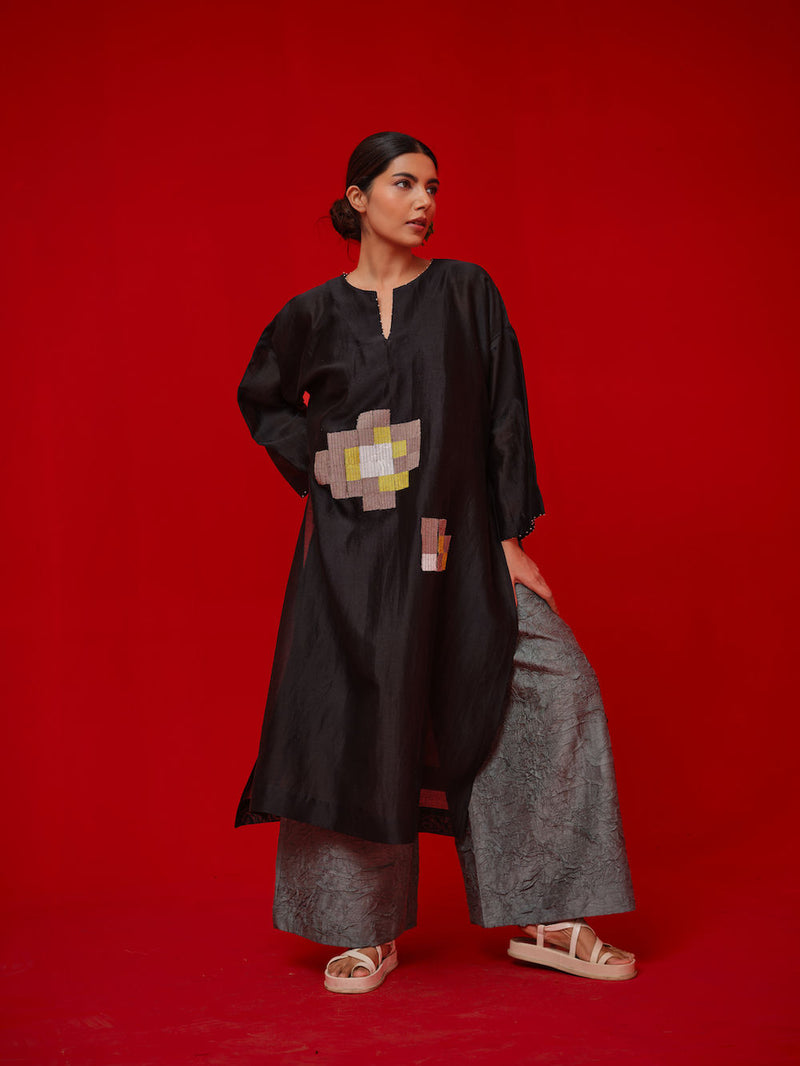 Trace Tunic-Black + Grey silk chanderi tunics/kaftan by Stoique in black, grey for women Worldwide
