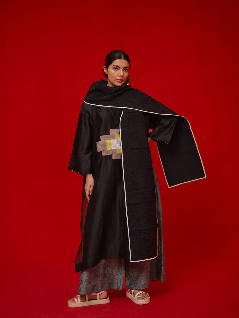 Trace Scarf-Black + Natural crushed silk scarve/stole by Stoique in black, natural for women Worldwide