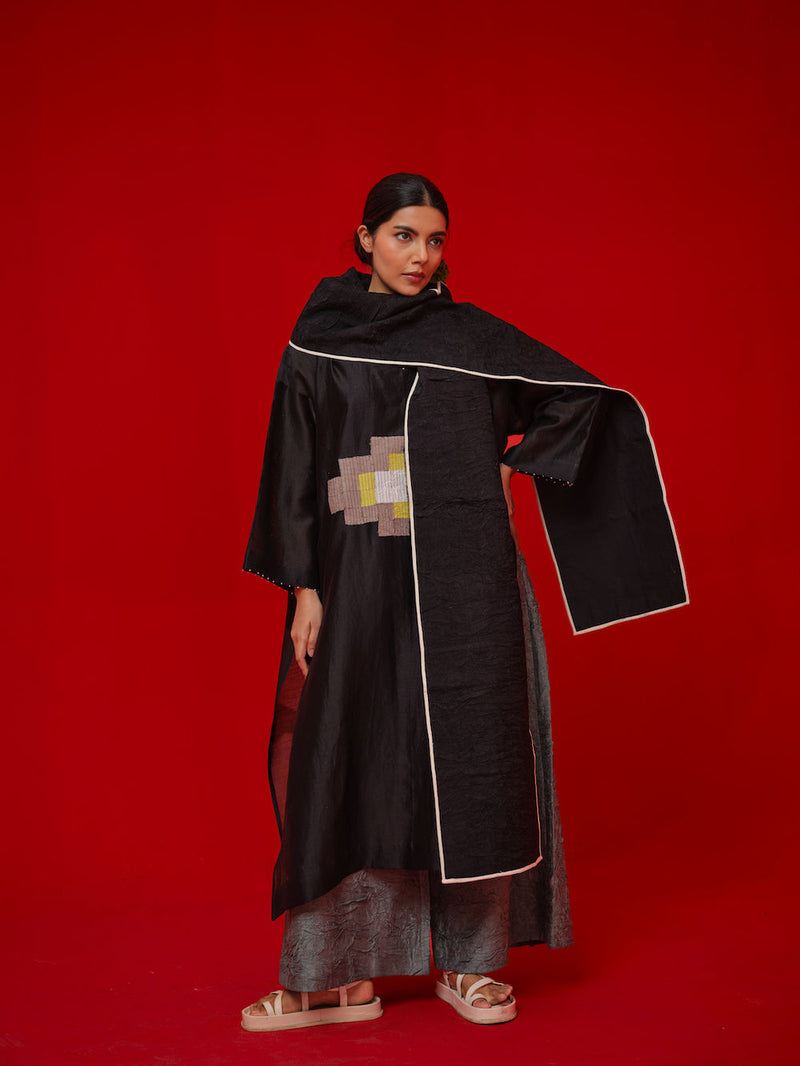 Trace Tunic-Black + Grey silk chanderi tunics/kaftan by Stoique in black, grey for women Worldwide