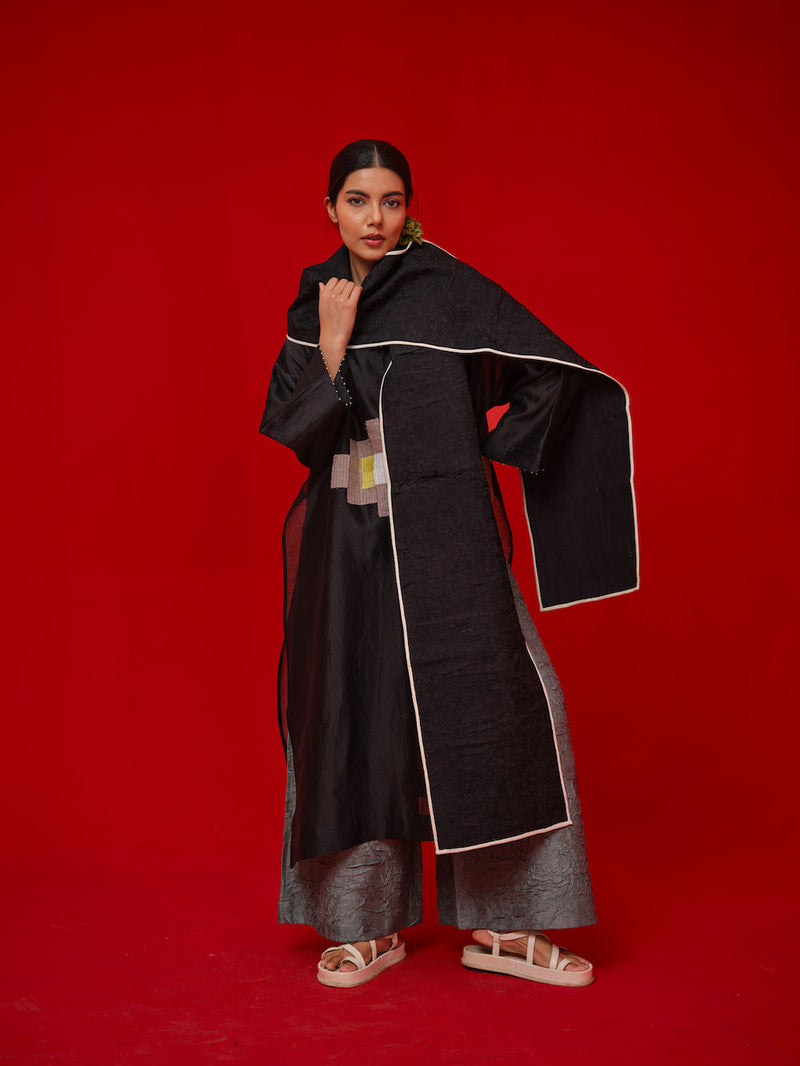 Seek Scarf-Black + Natural mysore silk scarve/stole by Stoique in black, natural for women Worldwide