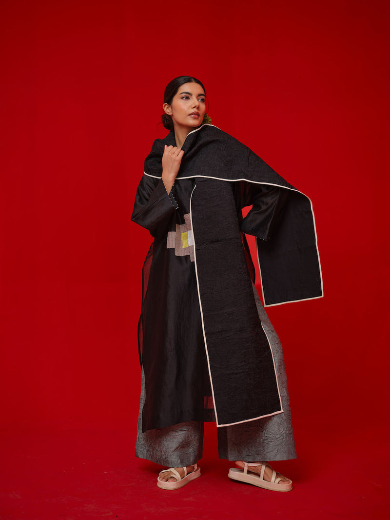 Trace Tunic-Black + Grey silk chanderi tunics/kaftan by Stoique in black, grey for women Worldwide