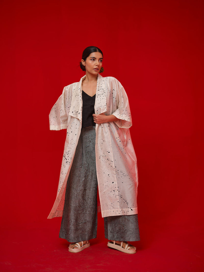 Wander Overlay-Ivory + Black silk chanderi jacktes and overlays by Stoique in ivory, black for women Worldwide
