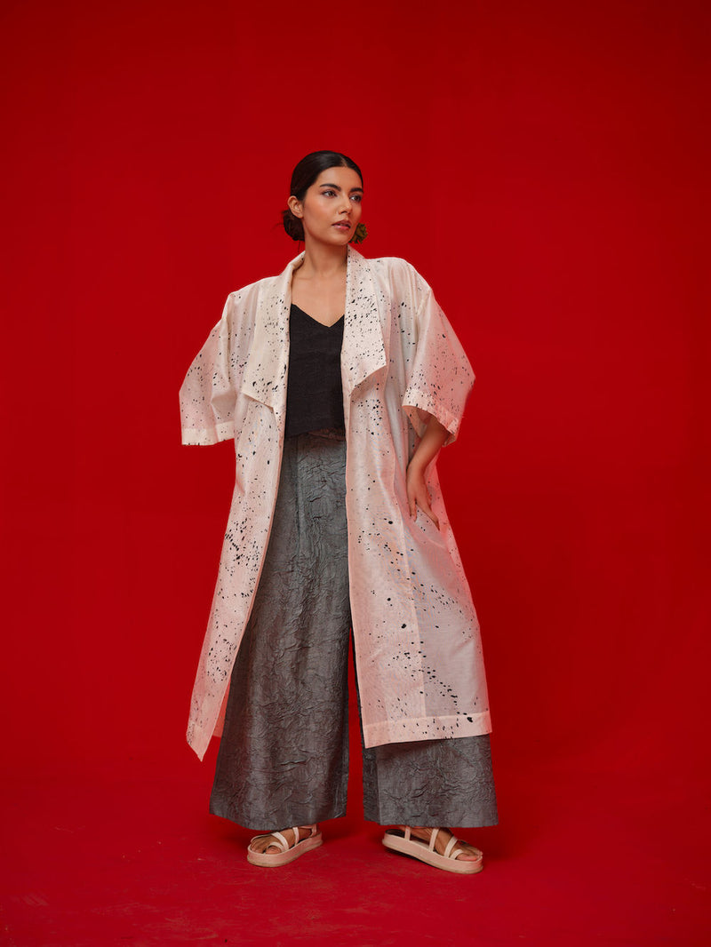 Wander Overlay-Ivory + Black silk chanderi jacktes and overlays by Stoique in ivory, black for women Worldwide