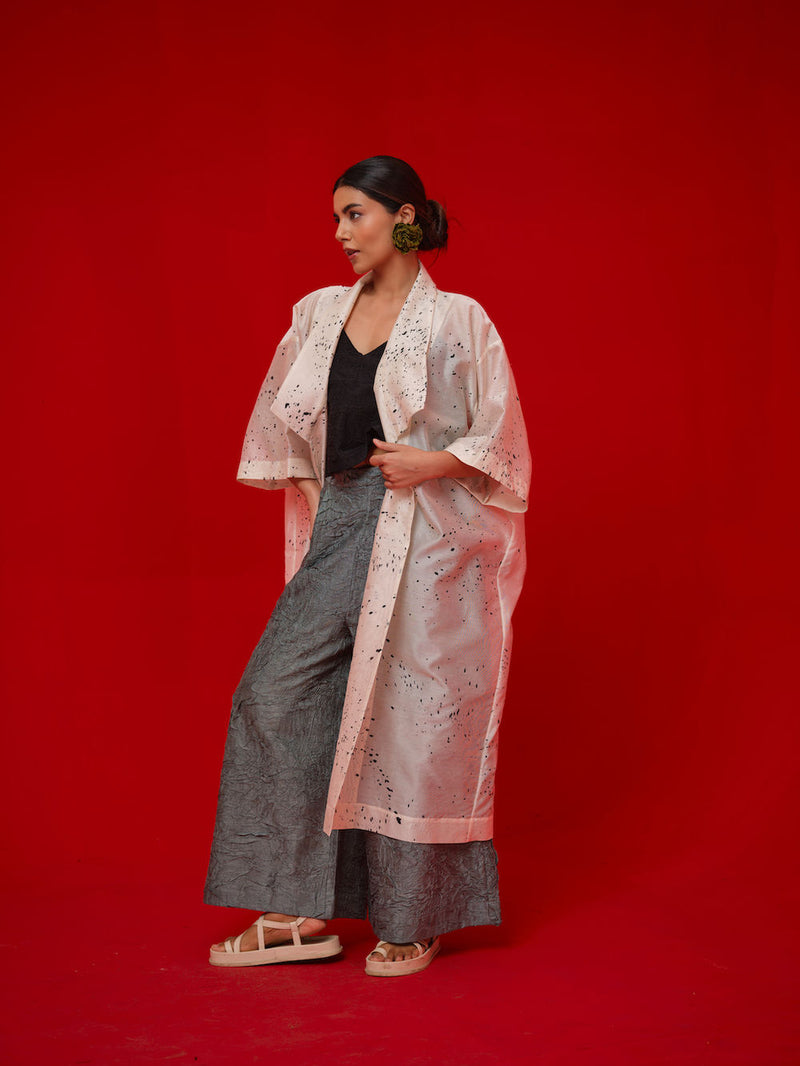 Wander Overlay-Ivory + Black silk chanderi jacktes and overlays by Stoique in ivory, black for women Worldwide