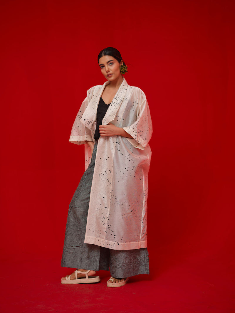 Wander Overlay-Ivory + Black silk chanderi jacktes and overlays by Stoique in ivory, black for women Worldwide