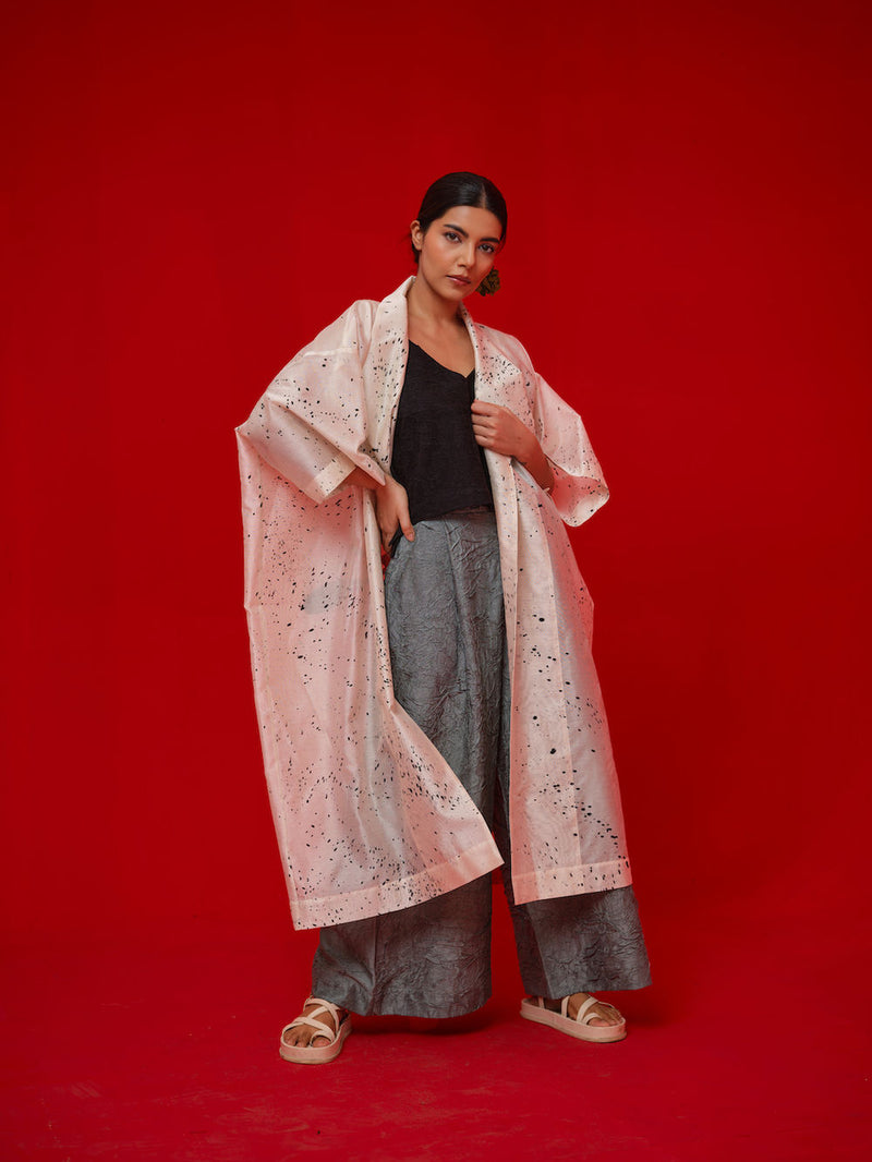 Wander Overlay-Ivory + Black silk chanderi jacktes and overlays by Stoique in ivory, black for women Worldwide