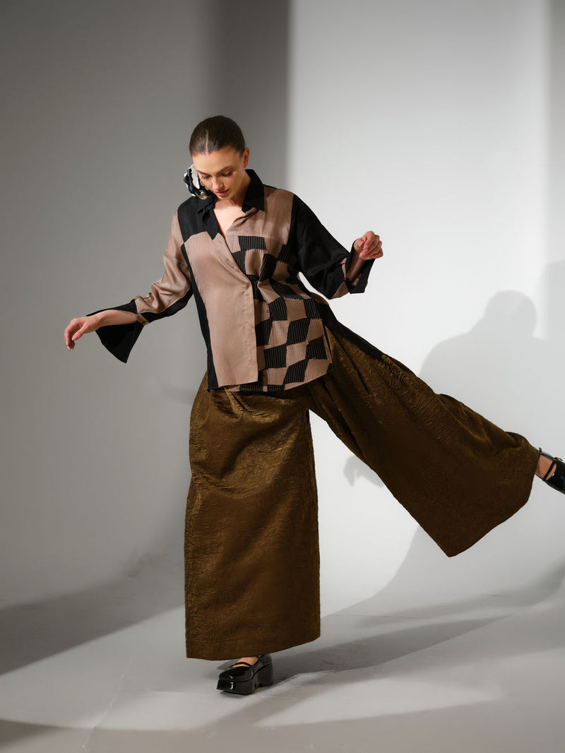 Dew Shirt-Grey + Black mysore silk top/shirt by Stoique in grey, black for women Worldwide