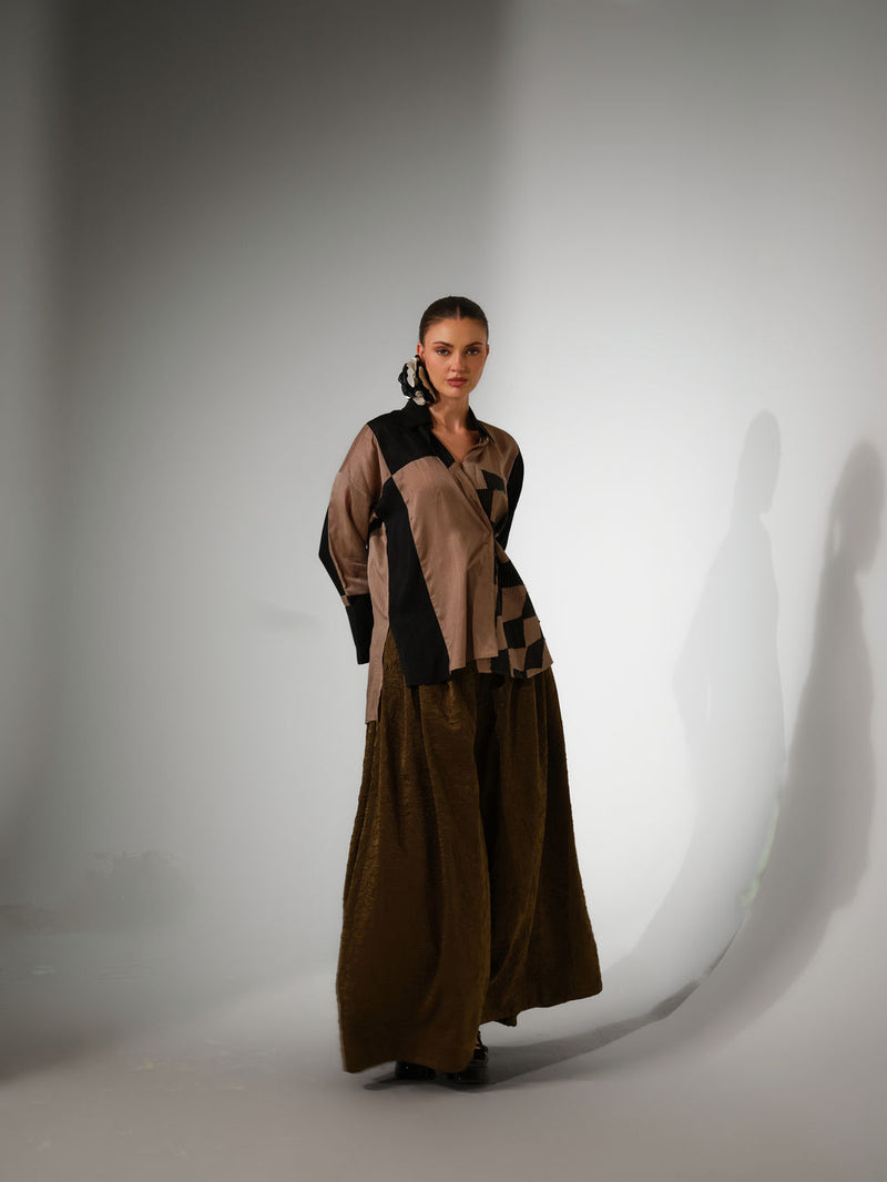 Dew Shirt-Grey + Black mysore silk top/shirt by Stoique in grey, black for women Worldwide