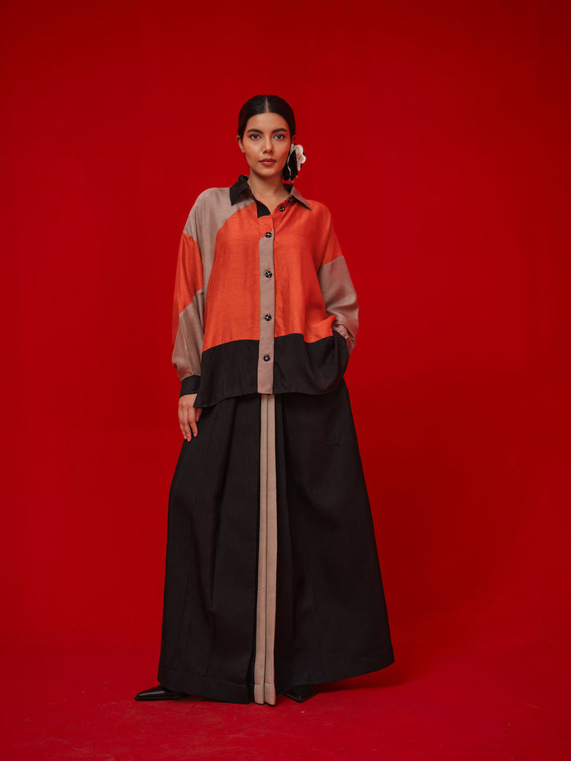 Ponder Shirt-Black + Orange + Grey mysore silk pant/trouser by Stoique in black, orange, grey for women Worldwide