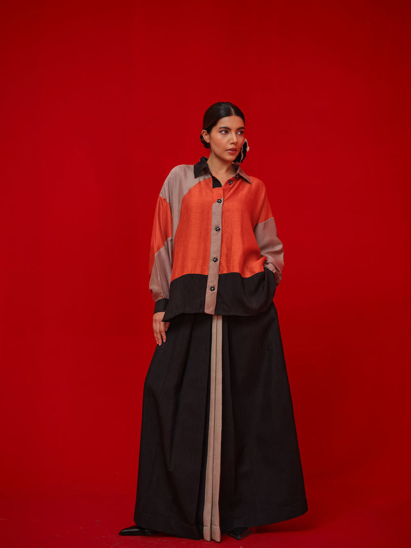 Ponder Shirt-Black + Orange + Grey mysore silk pant/trouser by Stoique in black, orange, grey for women Worldwide