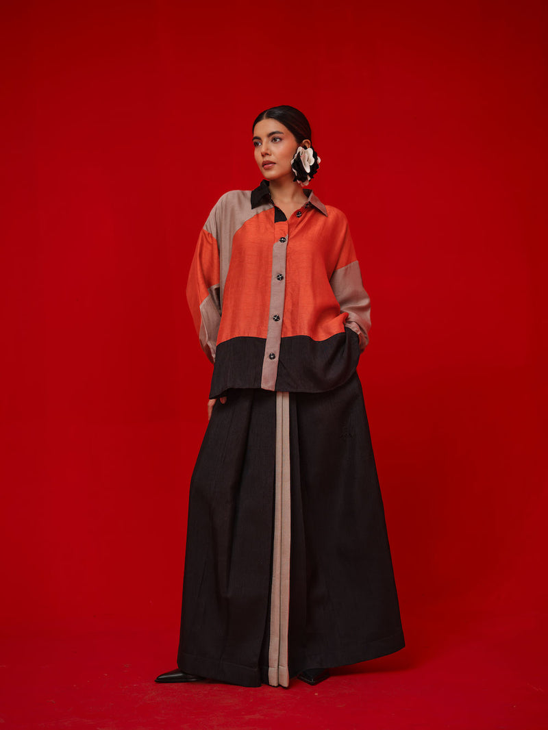 Ponder Shirt-Black + Orange + Grey mysore silk pant/trouser by Stoique in black, orange, grey for women Worldwide