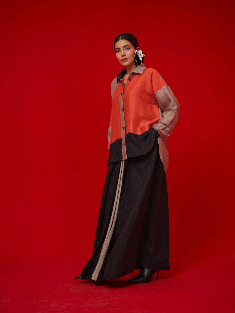 Ponder Shirt-Black + Orange + Grey mysore silk pant/trouser by Stoique in black, orange, grey for women Worldwide