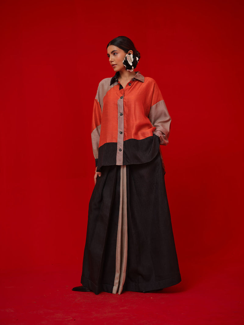 Ponder Shirt-Black + Orange + Grey mysore silk pant/trouser by Stoique in black, orange, grey for women Worldwide