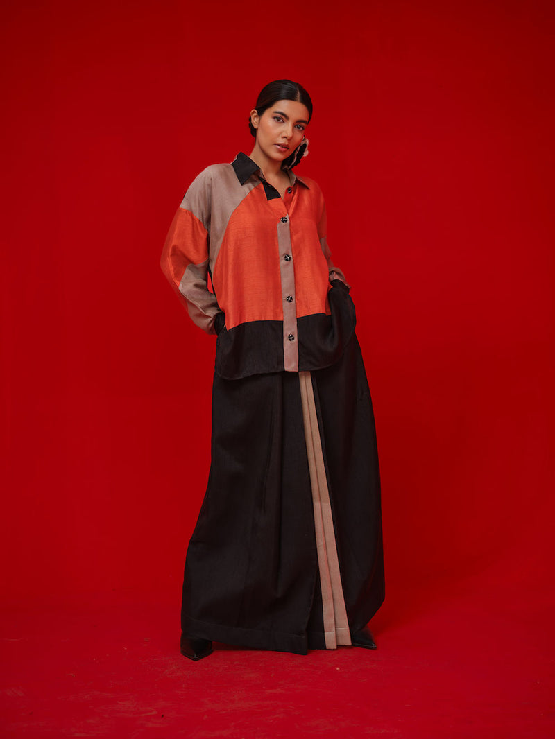 Ponder Shirt-Black + Orange + Grey mysore silk pant/trouser by Stoique in black, orange, grey for women Worldwide