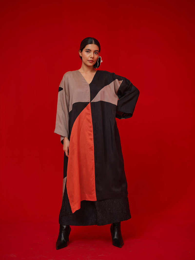 Ponder Tunic-Black + Orange + Grey mysore silk tunics/kaftan by Stoique in black, orange, grey for women Worldwide
