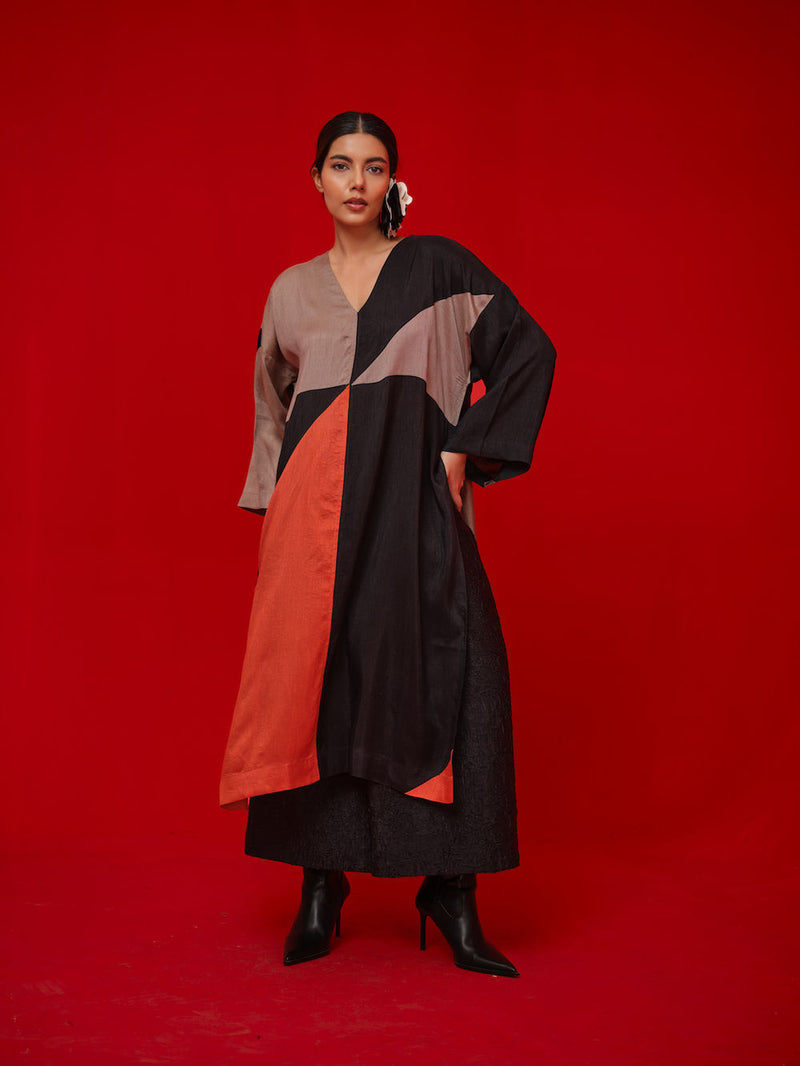 Ponder Tunic-Black + Orange + Grey mysore silk tunics/kaftan by Stoique in black, orange, grey for women Worldwide
