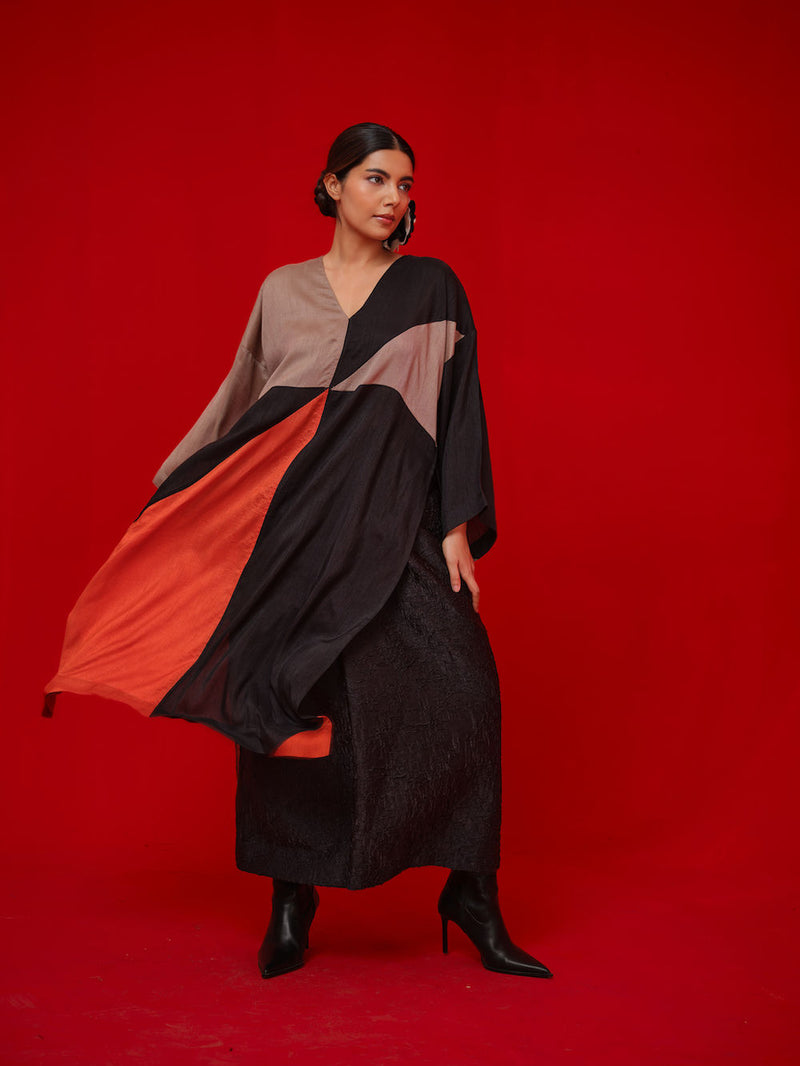 Ponder Tunic-Black + Orange + Grey mysore silk tunics/kaftan by Stoique in black, orange, grey for women Worldwide