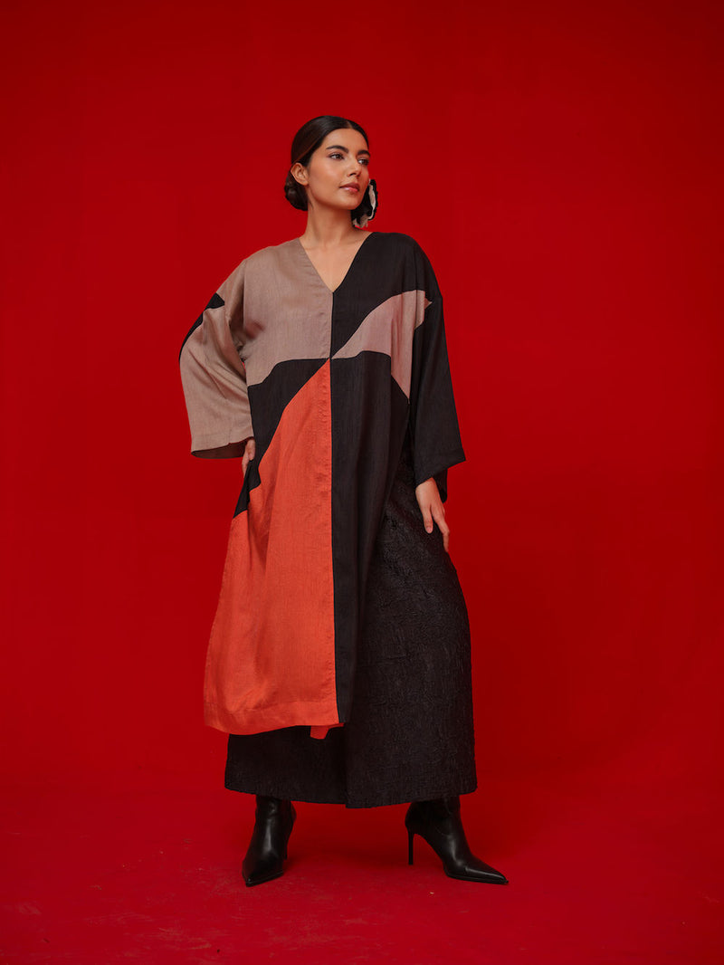 Ponder Tunic-Black + Orange + Grey mysore silk tunics/kaftan by Stoique in black, orange, grey for women Worldwide