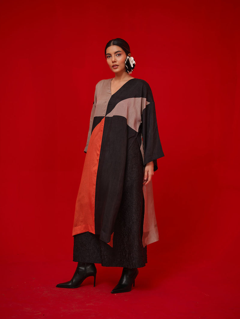 Ponder Tunic-Black + Orange + Grey mysore silk tunics/kaftan by Stoique in black, orange, grey for women Worldwide
