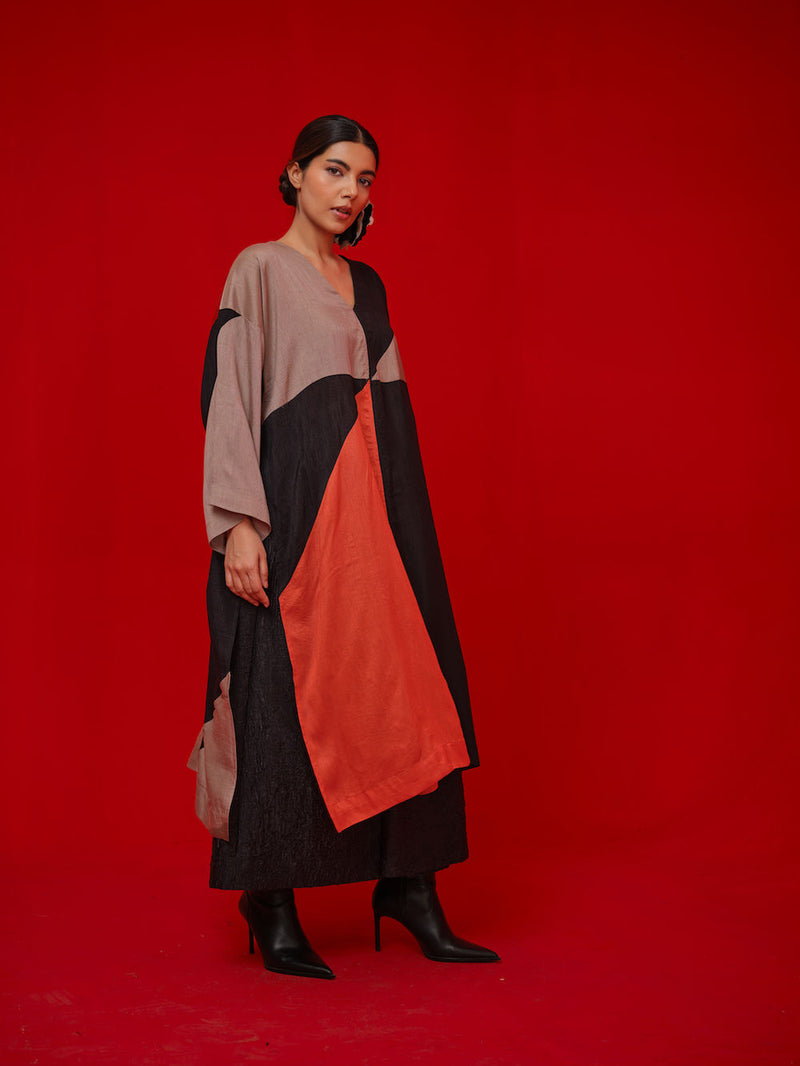 Ponder Tunic-Black + Orange + Grey mysore silk tunics/kaftan by Stoique in black, orange, grey for women Worldwide