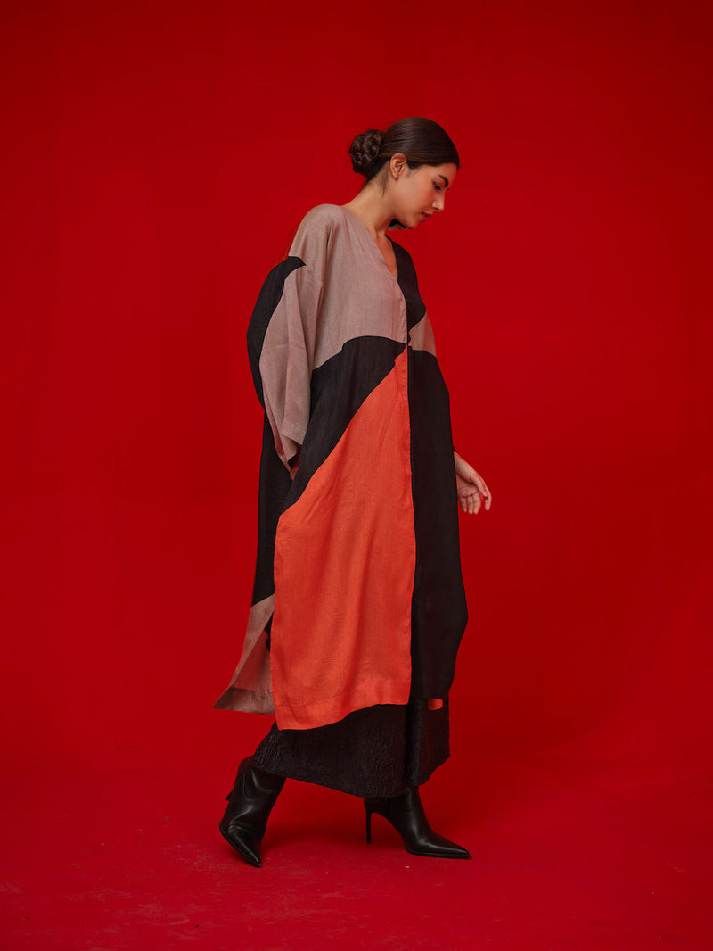 Ponder Tunic-Black + Orange + Grey mysore silk tunics/kaftan by Stoique in black, orange, grey for women Worldwide