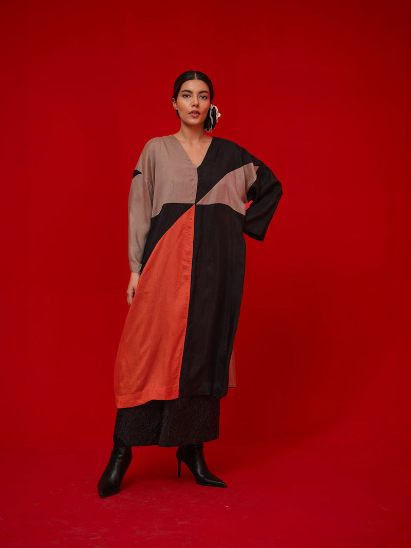 Ponder Tunic-Black + Orange + Grey mysore silk tunics/kaftan by Stoique in black, orange, grey for women Worldwide