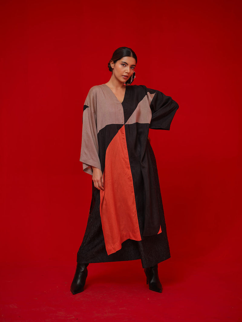 Ponder Tunic-Black + Orange + Grey mysore silk tunics/kaftan by Stoique in black, orange, grey for women Worldwide