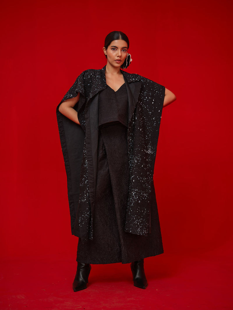 Moon Beam Overlay-Black + Ivory crushed silk jacktes and overlays by Stoique in black, ivory for women Worldwide