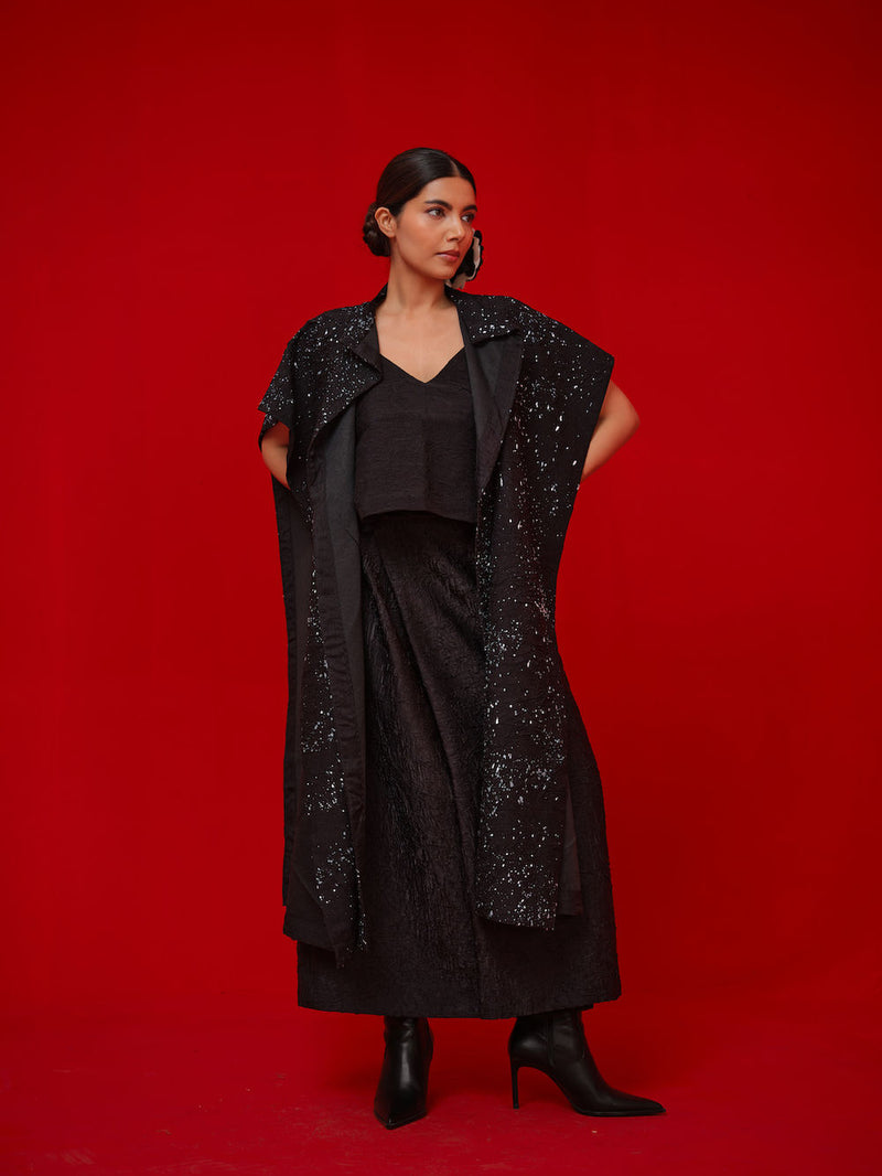 Moon Beam Overlay-Black + Ivory crushed silk jacktes and overlays by Stoique in black, ivory for women Worldwide