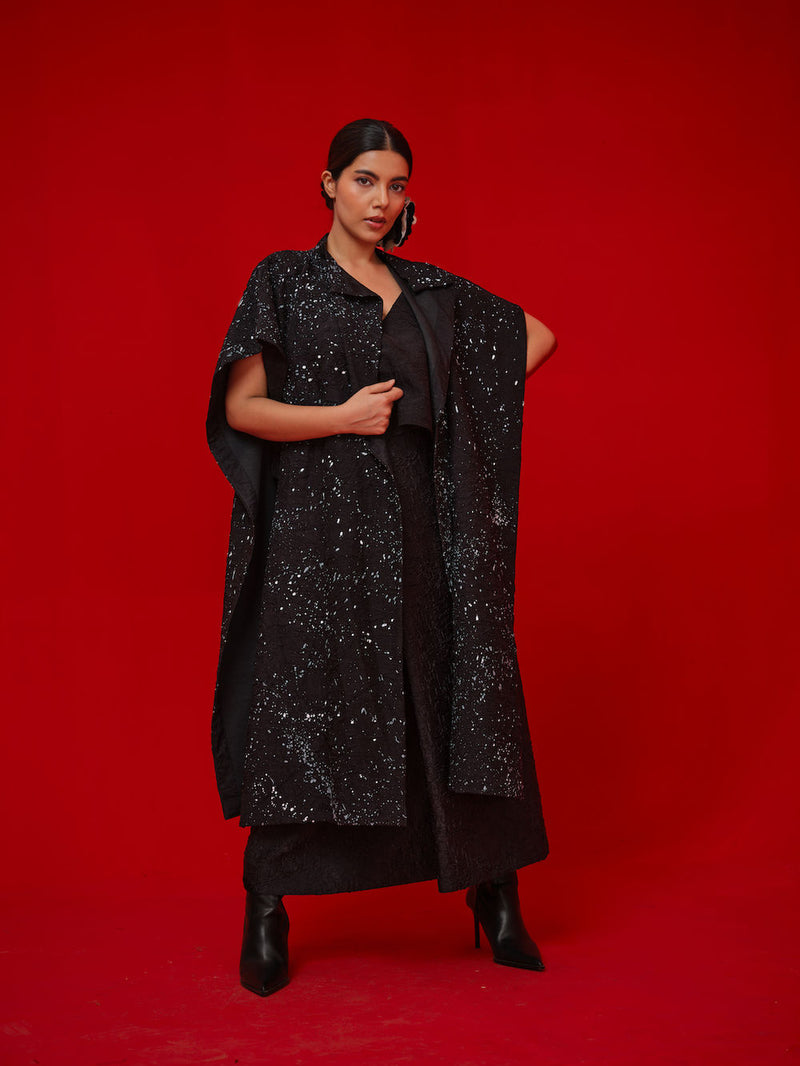 Moon Beam Overlay-Black + Ivory crushed silk jacktes and overlays by Stoique in black, ivory for women Worldwide